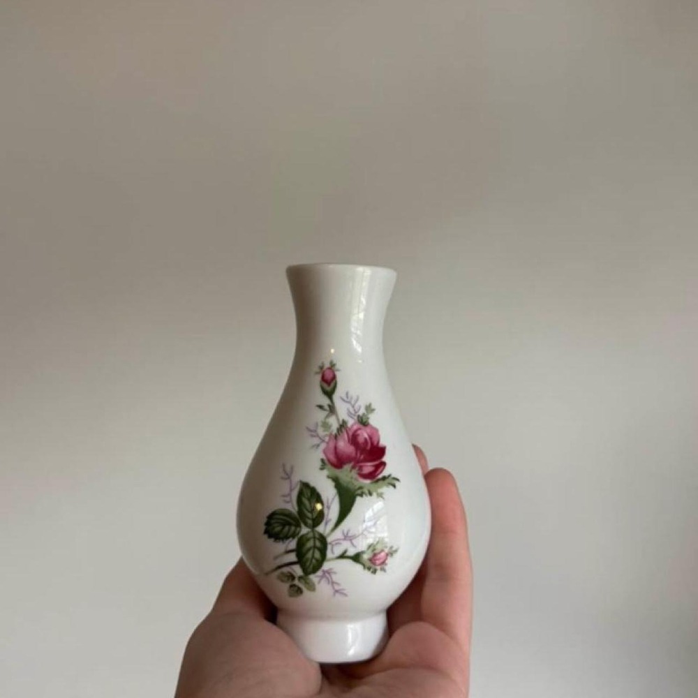 White Ceramic Bud Vase Pink Rose Floral Design Green Leaves Decorative Pottery